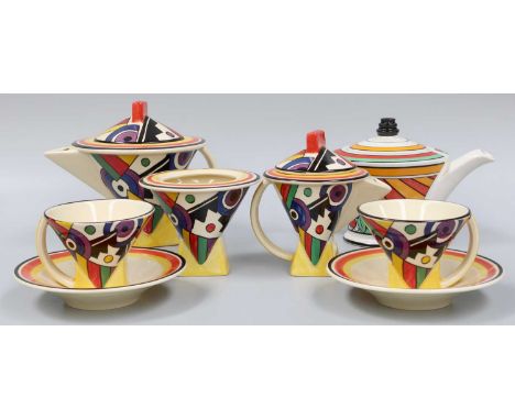 A Moorland Chelsea Works Pottery Tete a Tete, in Art Deco style after Clarice Cliff, together with a similar Past Times teapo