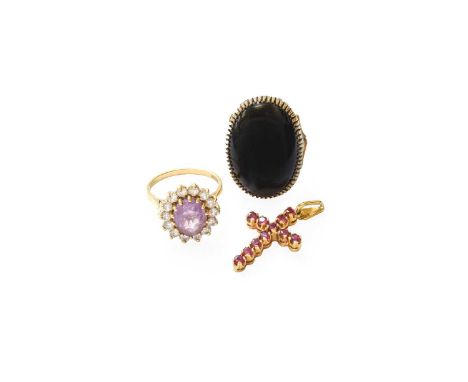 A Small Quantity of Jewellery, comprising of a 9 carat gold onyx ring, finger size Q; a 9 carat gold cubic zirconia ring, fin