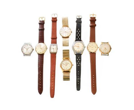 A 9 Carat Gold Sovereign Wristwatch, A Longines Manual Wound Wristwatch, A Plated Centre Seconds Roamer Super-Shock Wristwatc