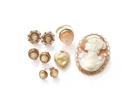 A Small Quantity of Cameo Jewellery, comprising of a brooch, a ring and three pairs of earrings, with post fittings; together