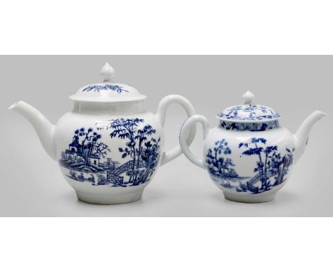 A Worcester Porcelain Teapot and Cover, circa 1758-60, of small proportions, printed in underglaze blue with the "Plantation"