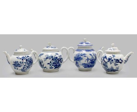 A Worcester Teapot and Cover, circa 1770, printed in underglaze blue with the "Birds in Branches" pattern, hatched crescent m