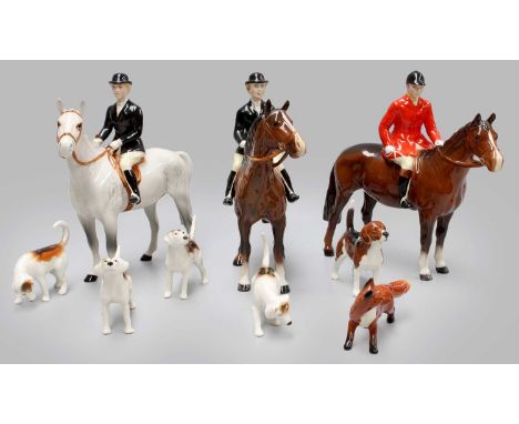 Beswick Hunting Group, comprising: Huntsman standing, brown gloss, Huntswoman, grey gloss and brown gloss; together with a fo