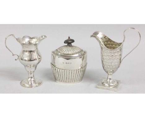Three Assorted Silver Items, comprising a tea-caddy, by William Aitken, Birmingham, 1906, tapering oval and with fluted lower