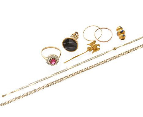 A Small Quantity of Jewellery, including a 9 carat gold synthetic ruby and cubic zirconia ring, finger size M; an agate fob s