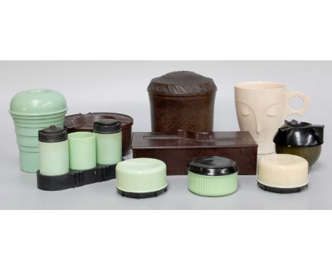 A Quantity of Art Deco Bakelite Items, including advertising Players ashtray, tobacco jar, egg cups, egg timer on stand, crue