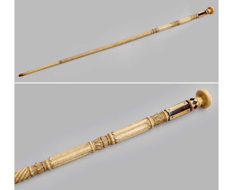 Natural History: A Late 19th Century Whale Bone and Walrus Tusk Walking Stick, the Walrus tusk turned pommel handle above inl