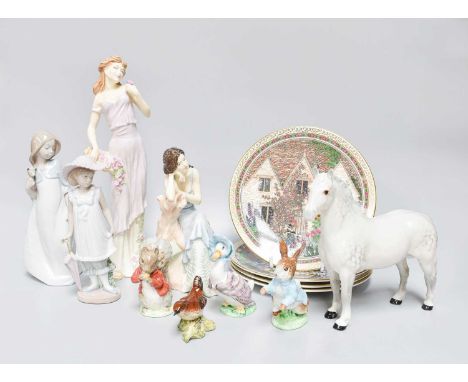 A Quantity of Beswick, Royal Doulton and Nao Figures, together with four Royal Worcester 'Country Cottages' (one tray)