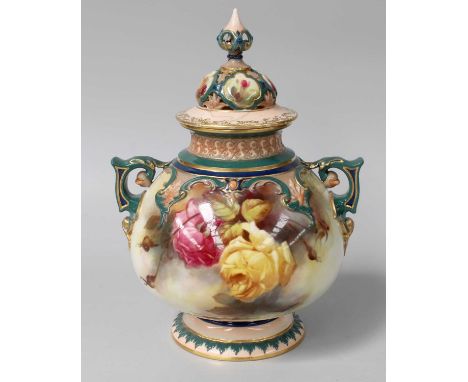 A Royal Worcester Porcelain Potpourri, by William Jarman, 1903, painted with roses, signed, green printed mark, 23cm highCove