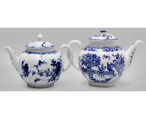 A Worcester Porcelain Teapot and Cover, circa 1758, painted in underglaze blue with the "Mansfield" pattern, workman's mark, 