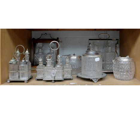 A Collection of Assorted Silver Plate, including a silver plate tantalus; a silver plate-mounted oak tantalus; condiment-sets