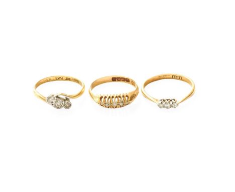 An 18 Carat Gold Diamond Five Stone Ring, finger size N; A Diamond Three Stone Ring, stamped '18CT', finger size P1/2; and A 