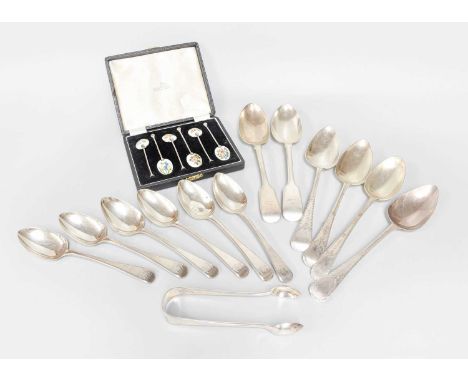 A Collection of George III and Later Silver Flatware, various patterns, including Old English and Fiddle, a cased set of silv