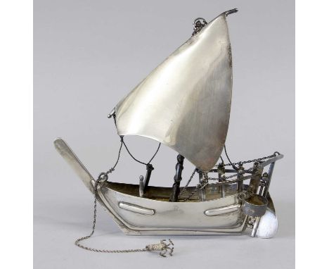 A Silver Model of a Boat, Apparently Unmarked, Probably 20th Century, realistically modelled, 16cm wide, 6oz 19dwt, 216gr