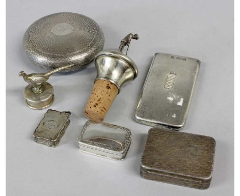 A Collection of Assorted Silver, comprising a vesta-case; a Victorian squeeze action snuff-box; a Victorian vinaigrette; a mo