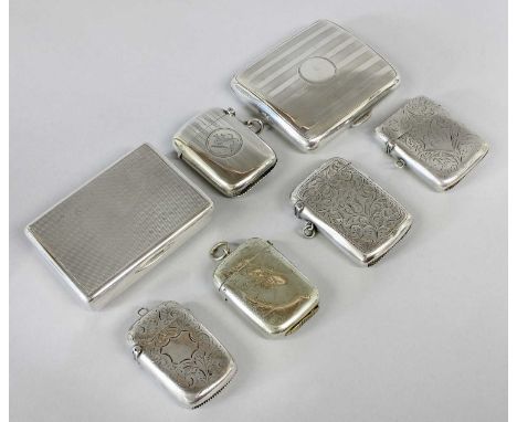 A Collection of Assorted Silver Boxes, comprising an engine-turned snuff-box; a curved cigarette-case, four vesta-cases, each