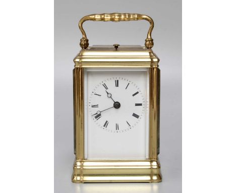 A Brass Strike and Repeat Carriage Clock, circa 1890, "Gorge" case with repeat button and carrying handle, enamel dial with R