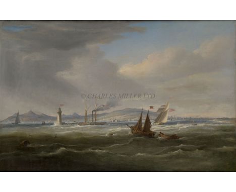 WILLIAM JOHN HUGGINS (BRITISH, 1781-1845)The Irish paddle packet 'Shannon' off Poolbeg Lighthouse, Dublin Bay with the city b