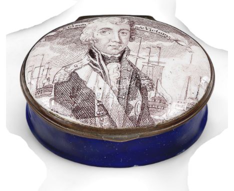 A RARE BILSTONWARE 'NELSON' PATCHBOX, CIRCA 1800the lid decorated with a half-length sepia portrait of Nelson below a banner 