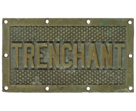A TREAD PLATE FOR H.M. SUBMARINE TRENCHANT 1944heavily cast in brass with recessed raised lettering and grips within brass fr