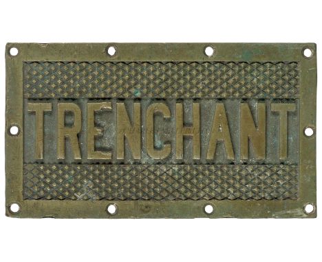 A TREAD PLATE FOR H.M. SUBMARINE TRENCHANT 1944heavily cast in brass with recessed raised lettering and grips within brass fr