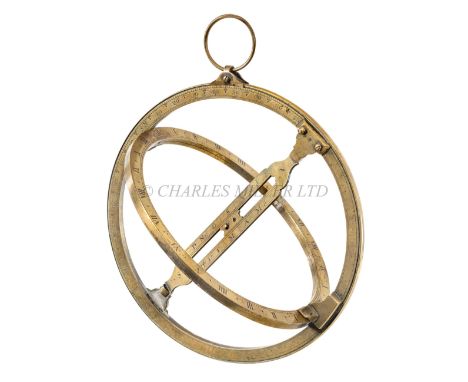 A UNIVERSAL EQUINOCTIAL RING DIAL, CIRCA 1800in lacquered brass, chapter ring with black-filled Roman numerals, pivoted bridg