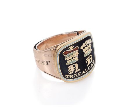 AN EARLY 19TH CENTURY GOLD AND ENAMEL NELSON MEMORIAL RING, 1806commemorating the death of Admiral Lord Nelson at Trafalgar, 