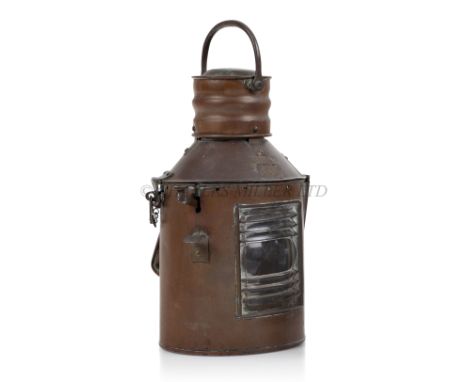 A COPPER SIGNAL LAMP BY R. C. MURRAY &amp; CO. GLASGOW, CIRCA 1900maker's labels to front, hinge top to interior complete wit