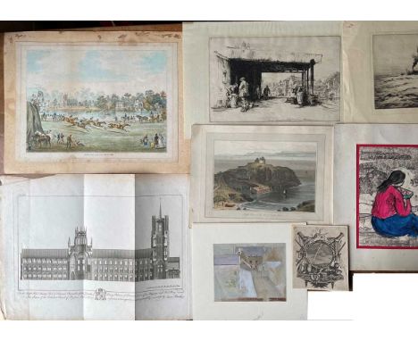 A collection of miscellaneous 19th and 20th Century prints and drawings to include signed etchings of the Fishmarket, Polperr