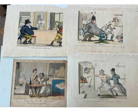 Nineteen French satirical hand coloured cartoons, mostly etchings by Martinet, early 19th century, subjects include army cost