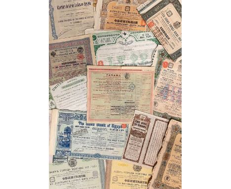 World bond or share certificates. A collection including 14 Russian (19th and early 20th century), a Panama Canal Company cer