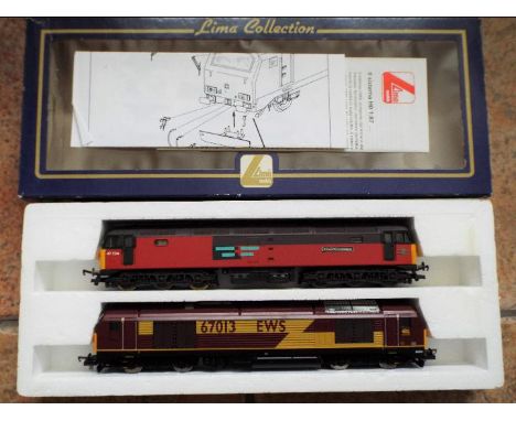 Lima Collection - a set of two OO gauge locomotives comprising EWS in maroon and yellow livery op no 67013, and Crewe Diesel 