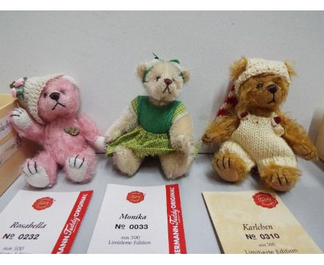 Hermann - Three Teddy Bears. "Monika" Limited edition 33/500, "Karlchen" 310/500 and "Rosabella" 232/500. All three boxed and