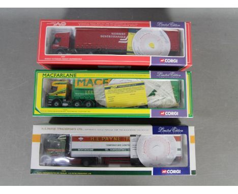 Corgi Trucks - A collection of 3 boxed Corgi 1:50 scale articulated trucks including # 75603 Norbert Dentressangle Renault, #