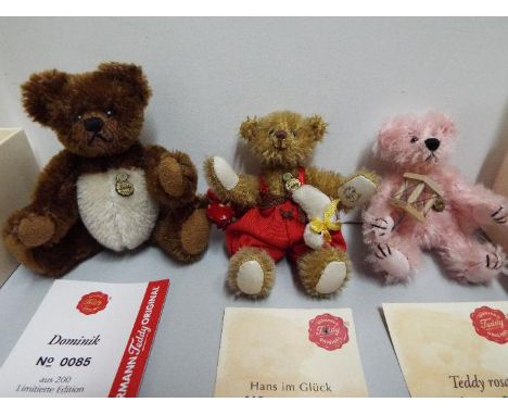 Hermann - Three Teddy Bears. "Browney" Limited edition 218/500, "Dominik" 85/200 and "Teddy Rosa" 17/300. All three boxed and