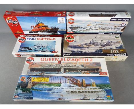 Airfix - A collection of 6 Airfix ship model kits in various scales including Queen Elizabeth 2, HMS Ark Royal, SS Canberra. 