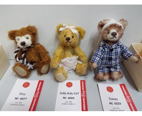 Hermann - Three Teddy Bears. "Tommy" Limited edition 223/500, "Terry" 77/500 and "Baby Girl" 95/500. All three boxed and with