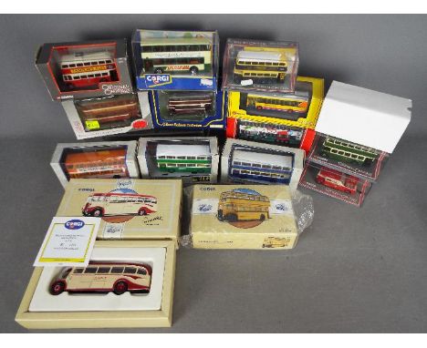 Corgi - Gilbow - A collection of 14 boxed bus and tram models in several scales including Corgi # 42803 Hong Kong Dennis Dart