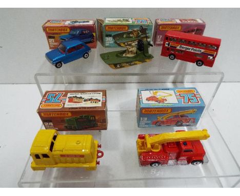 Matchbox - Five boxed Matchbox Superfast diecast vehicles. Lot includes Matchbox 13 Snorkel Fire Engine; #17 The Londoner Bus