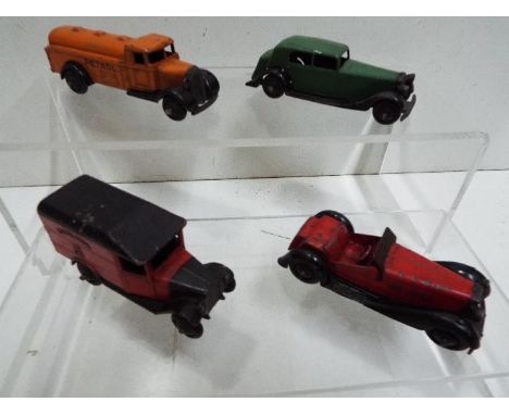 Dinky - A collection of 4 1940s Dinky vehicles including # 25d petrol tanker, # 36e British Salmson 2 seat sports car, # 30c 