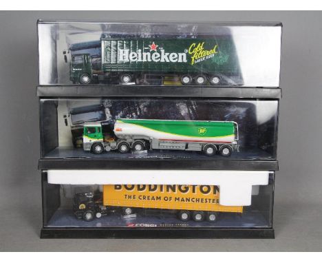 Corgi - A group of 3 boxed 1:50 scale articulated trucks including # 75404 Heineken Leyland DAF 85, # 75103 ERF BP tanker, # 