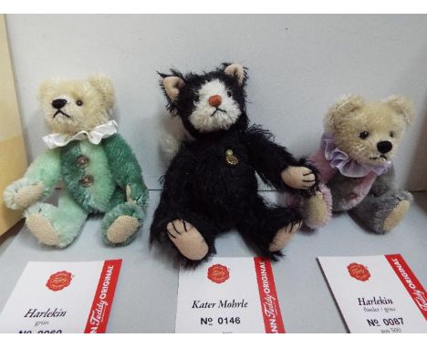 Hermann - Three Teddy Bears. "Harlekin" (Green) Limited edition 60/500, "Harlekin" (Pink/Grey) 87/500 and "Kater Mohrle" 146/