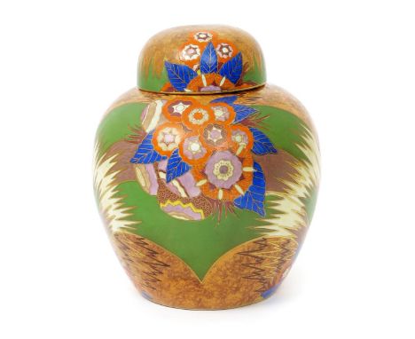 A large Art Deco Carlton Ware Comet ginger jar and cover, pattern no.3387, printed and enamelled in colours and gilt on a mot