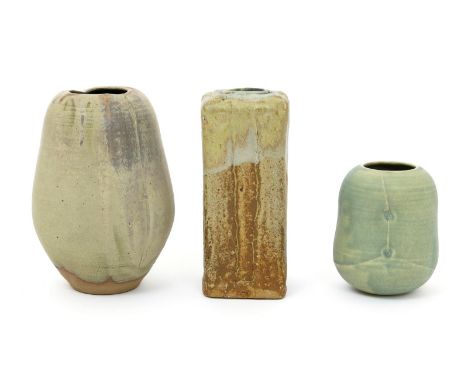 Ian Auld (1926-2000) a slab built stoneware vase, square section, with running glaze, two vases by Eileen Lewenstein and two 