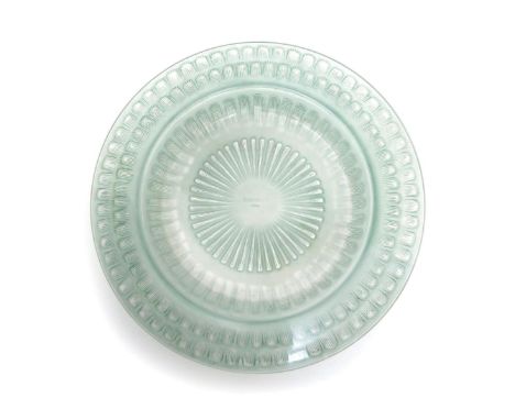 'Helianthe' no.3319 a Lalique clear and frosted glass bowl designed by Rene Lalique, green staining, stencil R. Lalique Franc