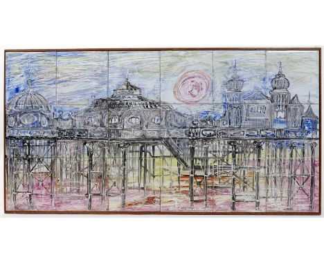 Michael Caddy an eighteen tile panel depicting Brighton Pier, painted and scratched decoration, in colours, mounted in wood, 