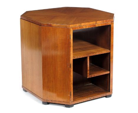 An Art Deco veneered cocktail cabinet and occasional table, possibly Bowman Brothers, octagonal section with angled hinged-do