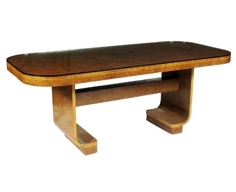 An Epstein style Art Deco style burr-walnut dining table, on two curved legs, 201 x 90cm (top) 