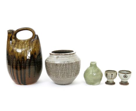 David Leach (1911-2005) a Lowerdown Pottery cut-sided earthenware vase, covered in a tin-glaze glaze, a small celadon glaze v