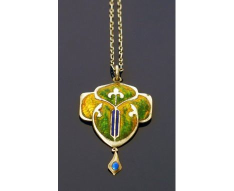 A Smith & Ewan silver and enamel pendant necklace, cast in low relief with stylised foliage, enamelled in green, yellow and b